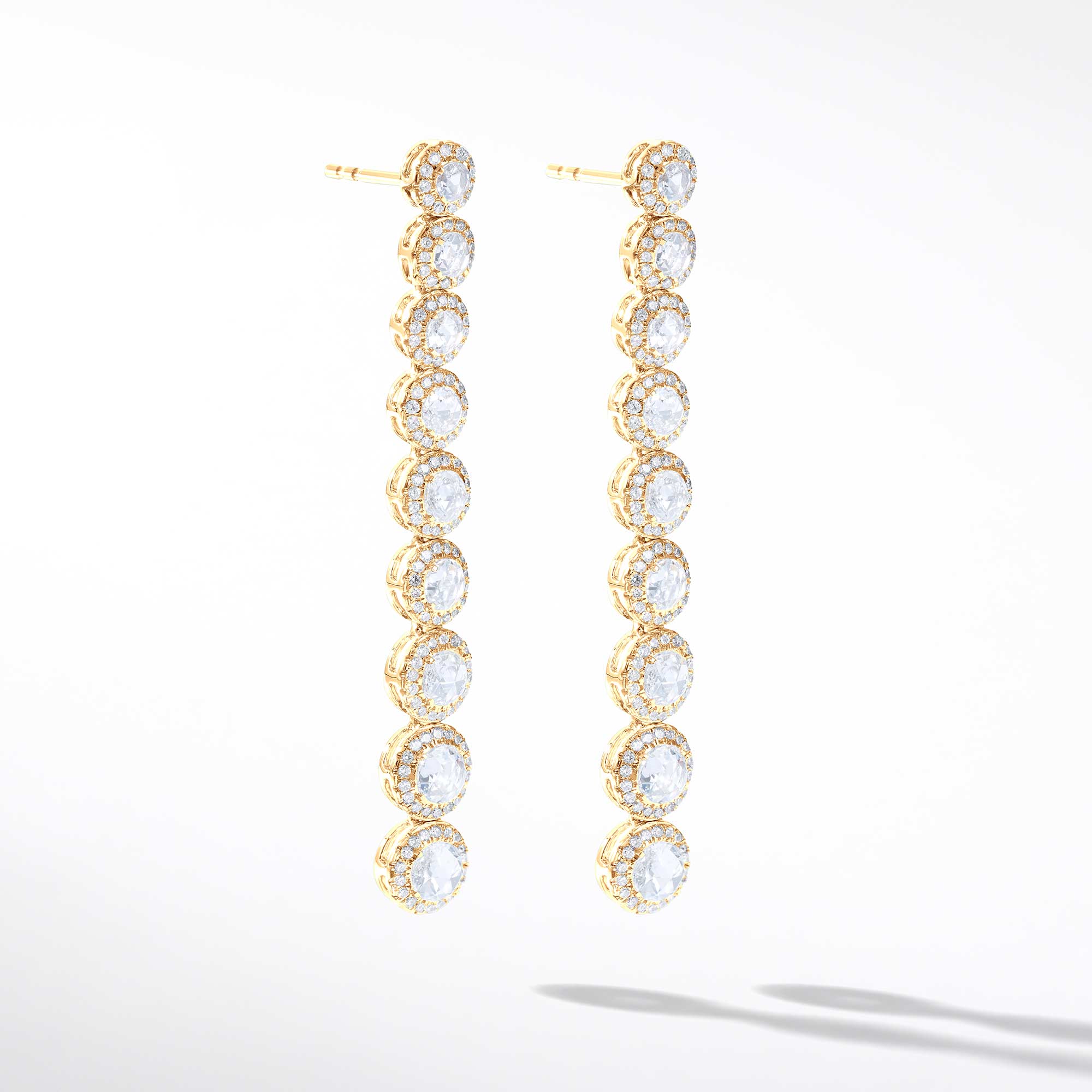 Image of 64Facets Scallop Diamond Drop Dangle Earrings. Rose Cut Diamonds Encircled with Pave Diamond Accents, Set in 18K Yellow Gold.